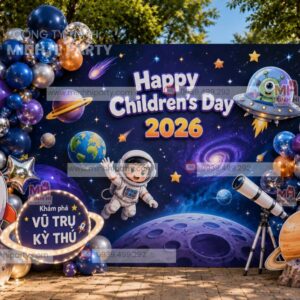 Mẫu trang trí quốc tế thiếu nhi mới nhất 2026 chủ đề Vũ trụ kỳ thú