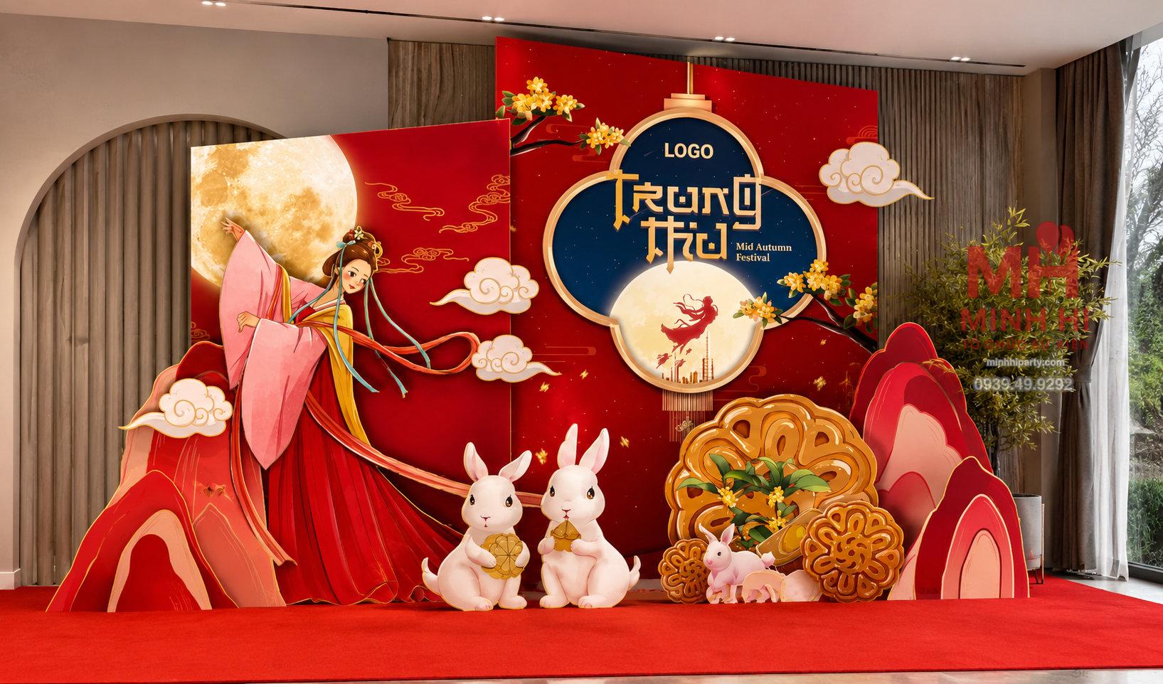 3 Mẫu trang trí trung thu tone đỏ kết hợp hình ảnh chị Hằng
