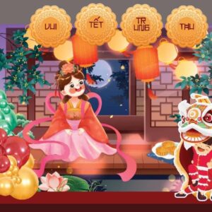 Mẫu backdrop trang trí trung thu với chibi chị Hằng mang phong cách hiện đại