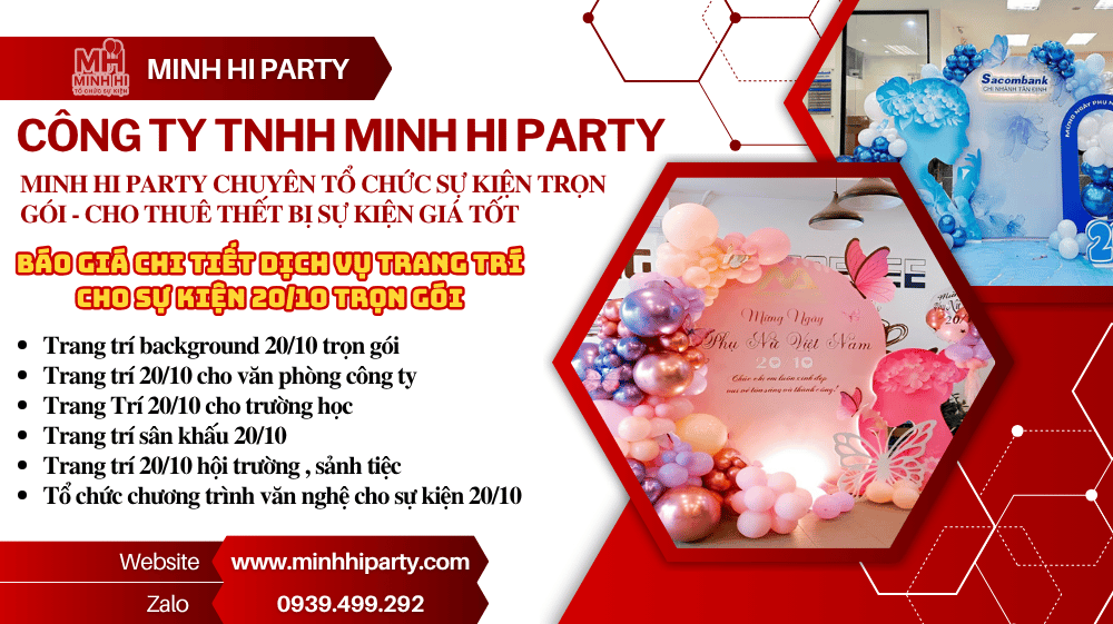 Báo giá trang trí 20/10 trọn gói 20/10 tại Minh Hi Party