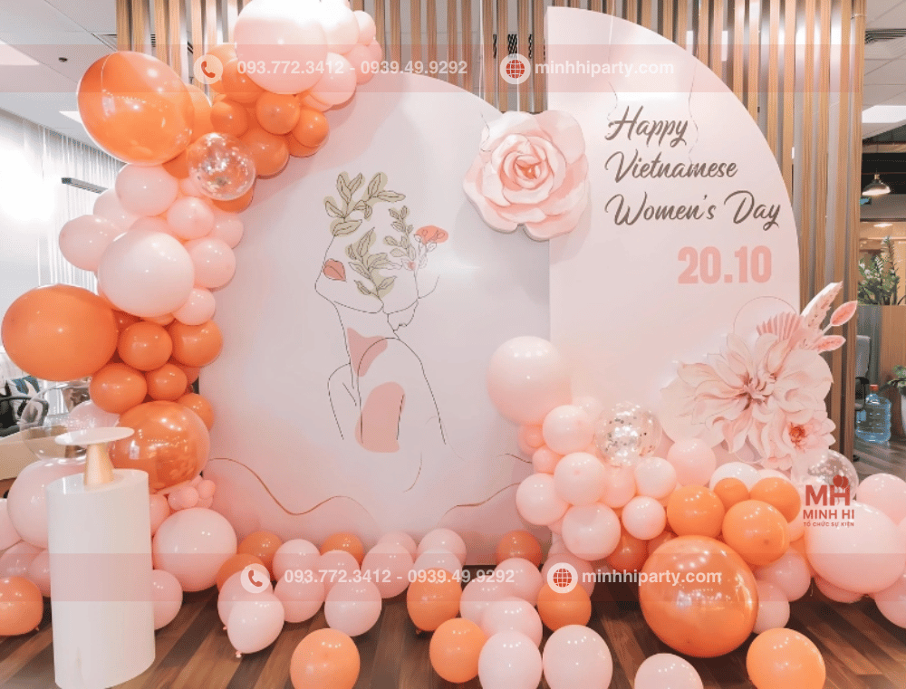 Decor background 20/10 cho sảnh tiệc với tone màu nhẹ nhàng ngọt ngào