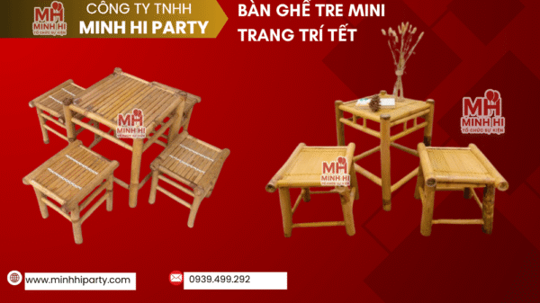 Bàn ghế tre mini dùng trang trí tiểu cảnh tết