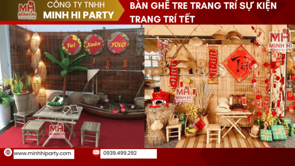 Trang trí tết với bàn ghế tre