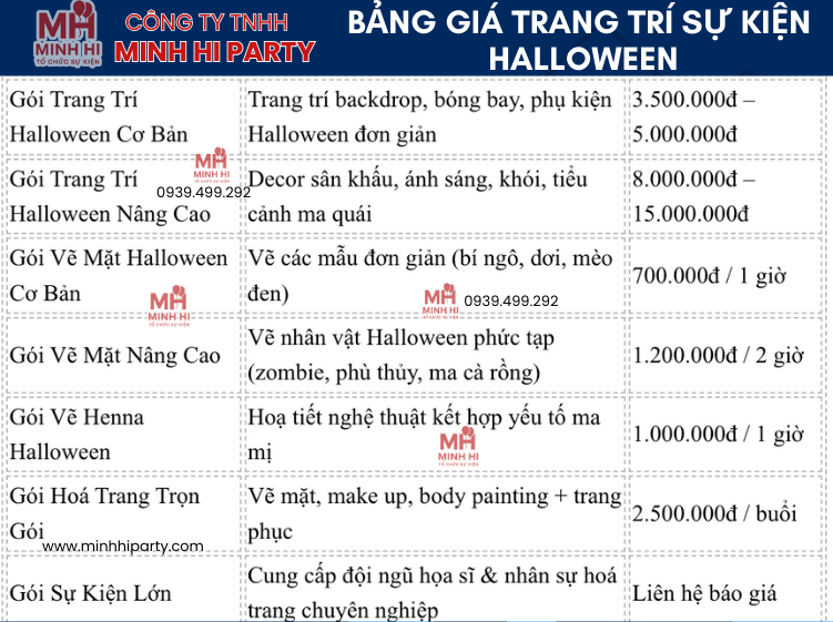 Bảng giá trang trí và hóa trang Halloween tại Minh Hi Party