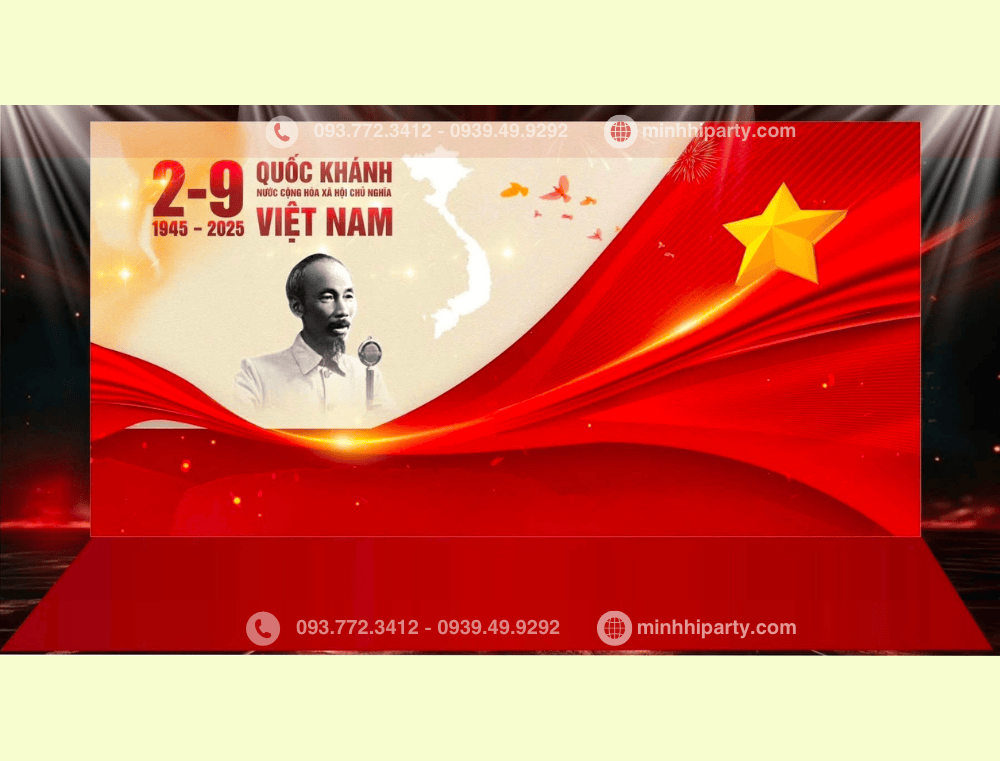 trang tri background 29 cho sanh cong ty Trang trí quốc khánh 2/9 với mẫu backgrround uy nghiêm sang trọng