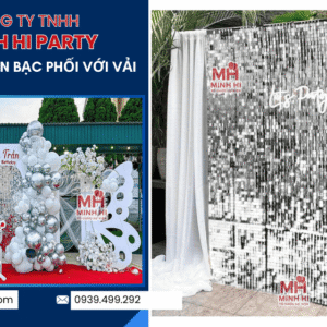 Backdrop Sequin bạc phối với vải voan trắng