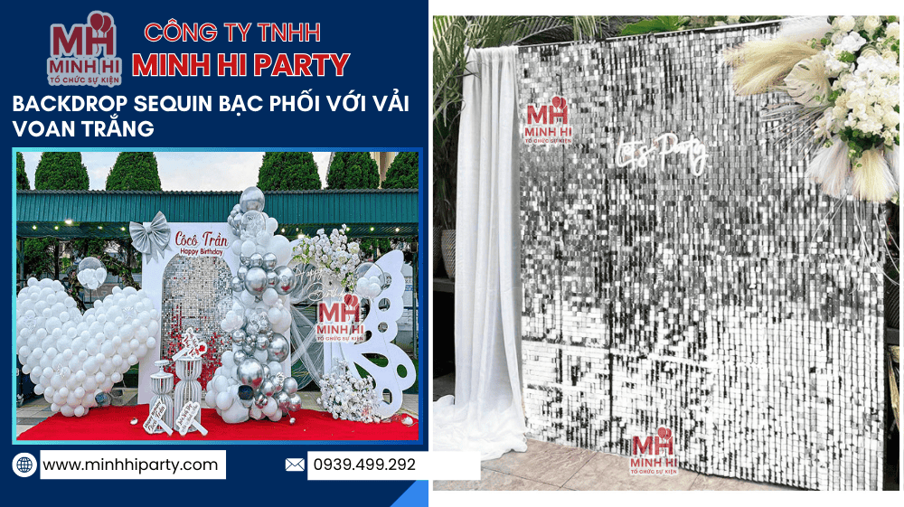 backdrop sequin bac phoi voi vai voan trang Backdrop Sequin bạc phối với vải voan trắng