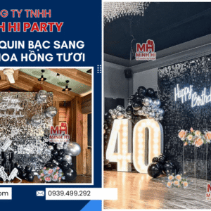 Trang trí sinh nhật với Backdrop Sequin bạc sang trọng phối hoa hồng tươi