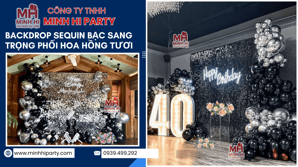 backdrop sequin bac trang tri sinh nhat ket hop hoa hong tuoi Trang trí sinh nhật với Backdrop Sequin bạc sang trọng phối hoa hồng tươi