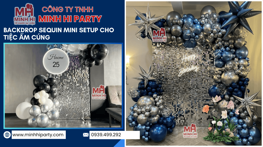 backdrop sequin mini set up tiec tai nha Mẫu Backdrop Sequin mini setup cho tiệc ấm cúng