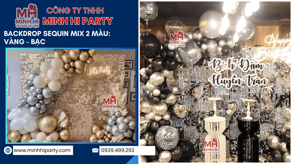 backdrop sequin mix 2 mau vang bac phu hop trang tri tiec sinh nhat nam nu Dịch vụ trang trí sinh nhật chủ đề backdrop sequin lấp lánh mix 2 màu vàng bạc