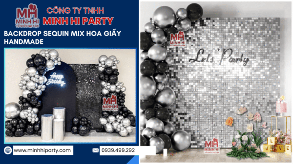 Trang trí sinh nhật người lớn với thiết kế trang trí Sequin kết hợp hoa giấy