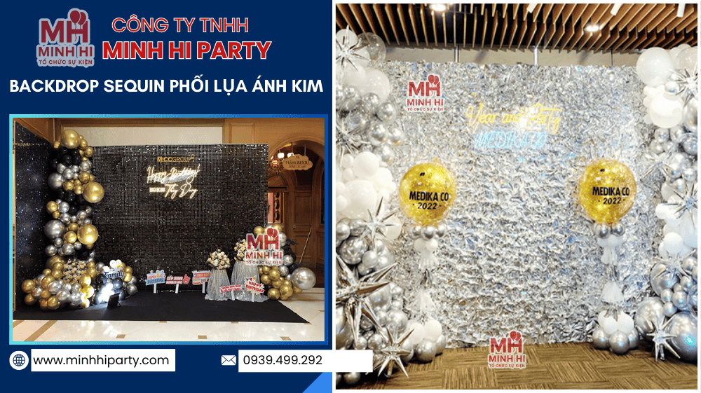 backdrop sequin phoi lua anh kim Mẫu trang trí sinh nhật người lớn - Backdrop Sequin phối lụa ánh kim