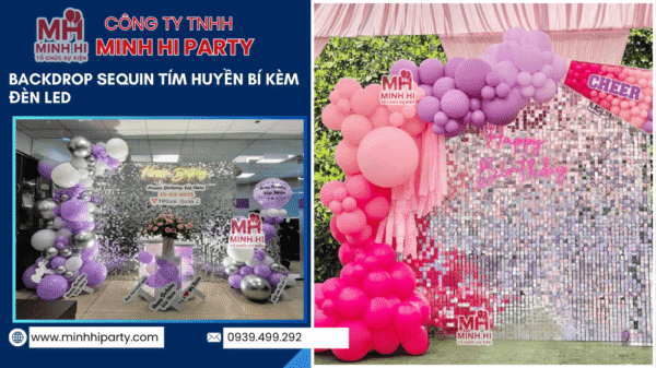 Trang trí sinh nhật người lớn với mẫu Backdrop Sequin tím huyền bí kèm đèn LED