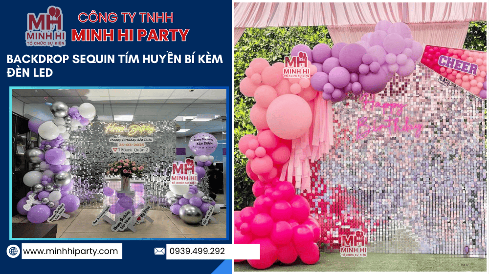 backdrop sequin tim ket hop den led neon phu hop trang tri tiec sinh nhat nam nu Trang trí sinh nhật người lớn với mẫu Backdrop Sequin tím huyền bí kèm đèn LED