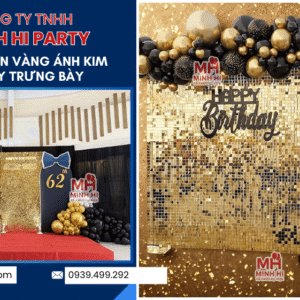 Mẫu Backdrop Sequin vàng ánh kim kèm bàn gallery trưng bày