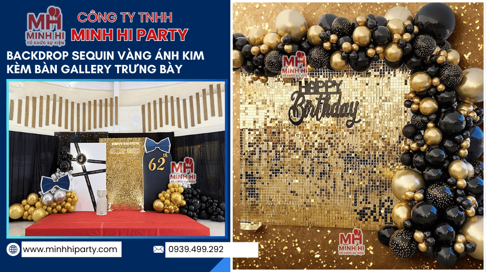 backdrop sequin vang anh kim kem ban gallery trung bay Mẫu Backdrop Sequin vàng ánh kim kèm bàn gallery trưng bày