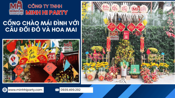 Cổng choà trang trí tết với câu đối đỏ - dịch vụ trang trí tết trọn gói