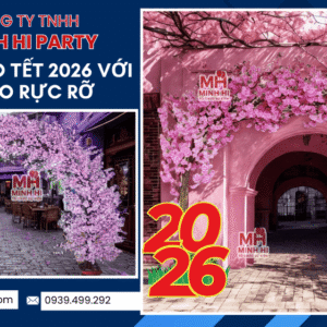 Thiết ké cổng chào trang trí tết 2026 với hoa đào rực rỡ