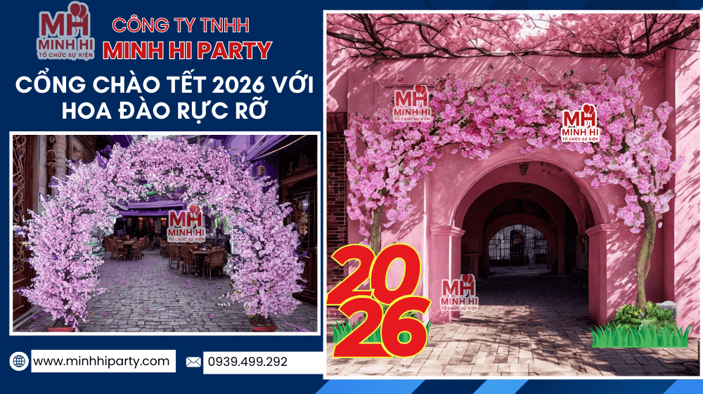 Thiết ké cổng chào trang trí tết 2026 với hoa đào rực rỡ