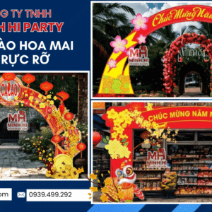Trang trí tết 2026 với các mẫu cổng chào kết hợp hoa mai