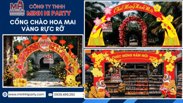 Trang trí tết 2026 với các mẫu cổng chào kết hợp hoa mai
