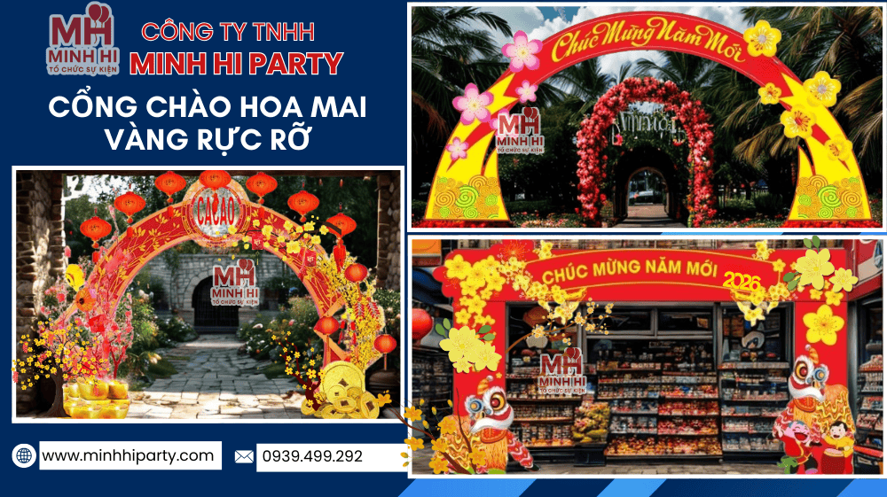 Trang trí tết 2026 với các mẫu cổng chào kết hợp hoa mai