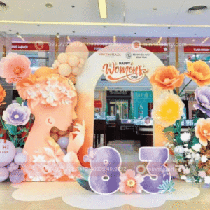 Trang trí backdrop 20/10 với hoa tươi và hoa giấy dạng photobooth cho trung tâm thương mại hay siêu thị