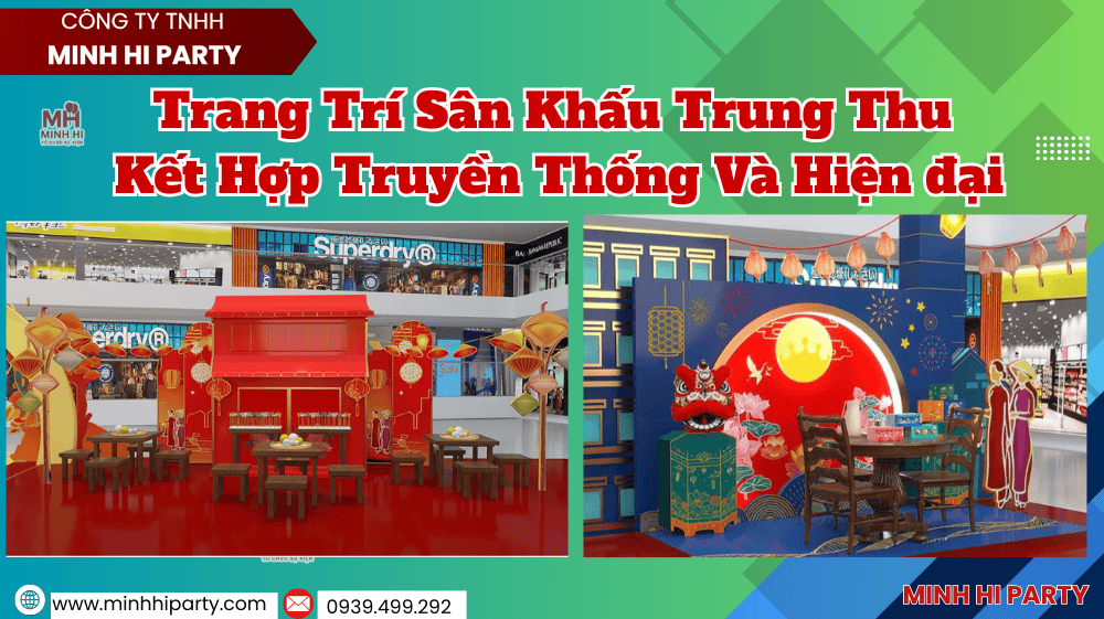 Trang trí backdrop trung thu cho sân khấu kết hợp bàn ghế cổ xưa