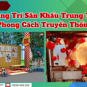 Thi công trang trí sân khấu trung thu với mành tre và sự kết hợp các phụ kiện như bàn ghế gỗ