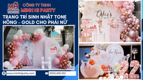 Trang trí sinh nhật người lớn theo tone Hồng – Gold cho phái nữ