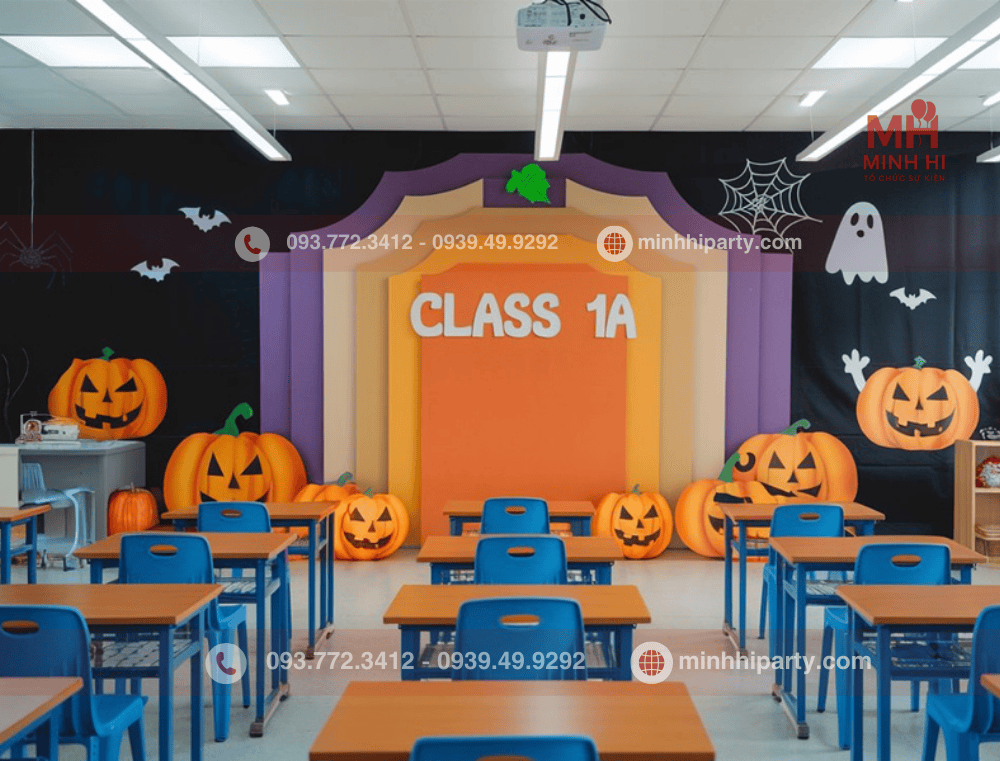 Trang trí backdrop Halloween cho lớp học với thiết kế hiện đại