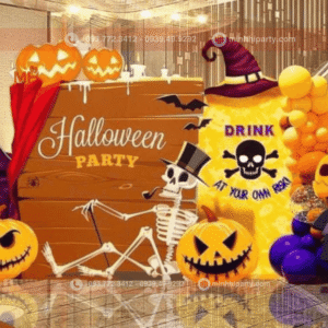 Mẫu trang trí halloween với backdrop thiết kế hiện đại kết hợp LED