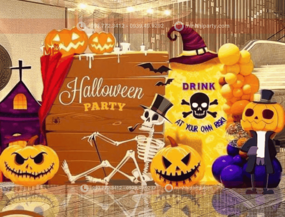 Mẫu trang trí halloween với backdrop thiết kế hiện đại kết hợp LED