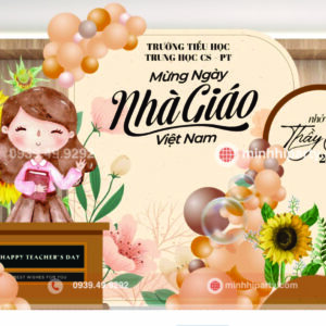 Thiết kế background trang trí 20/11 kết hợp logo trường do Minh Hi Party thực hiện