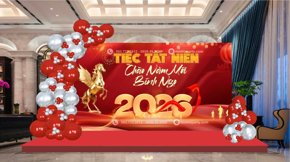 mau trang tri background tiec tat nien cong ty chu de nam moi 2026 Mẫu thiết kế background tiệc cuối năm sáng tạo theo chủ đề năm mới