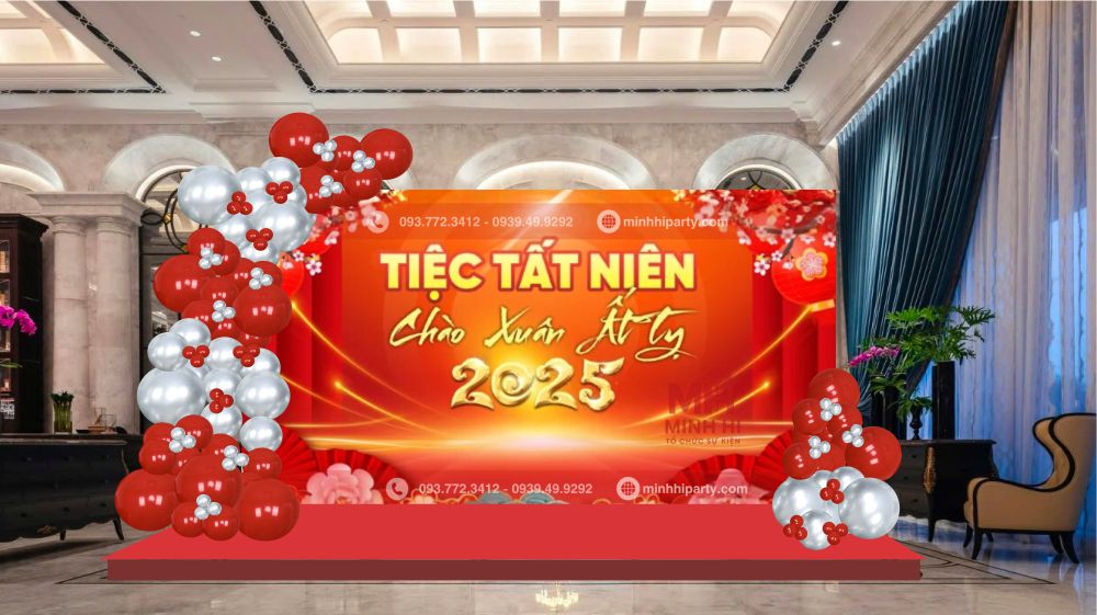 thiet ke trang tri backdrop year end party cho cong ty Mẫu trang trí tiệc tất niên phong cách truyền thống Việt Nam