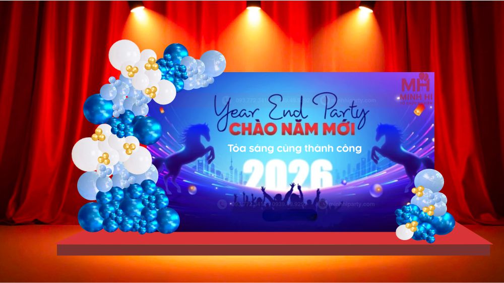 thiet ke trang tri san khau tat nien cho cong ty Trang trí background tiệc tất niên chủ đề toả sáng cùng thành công cho sân khấu