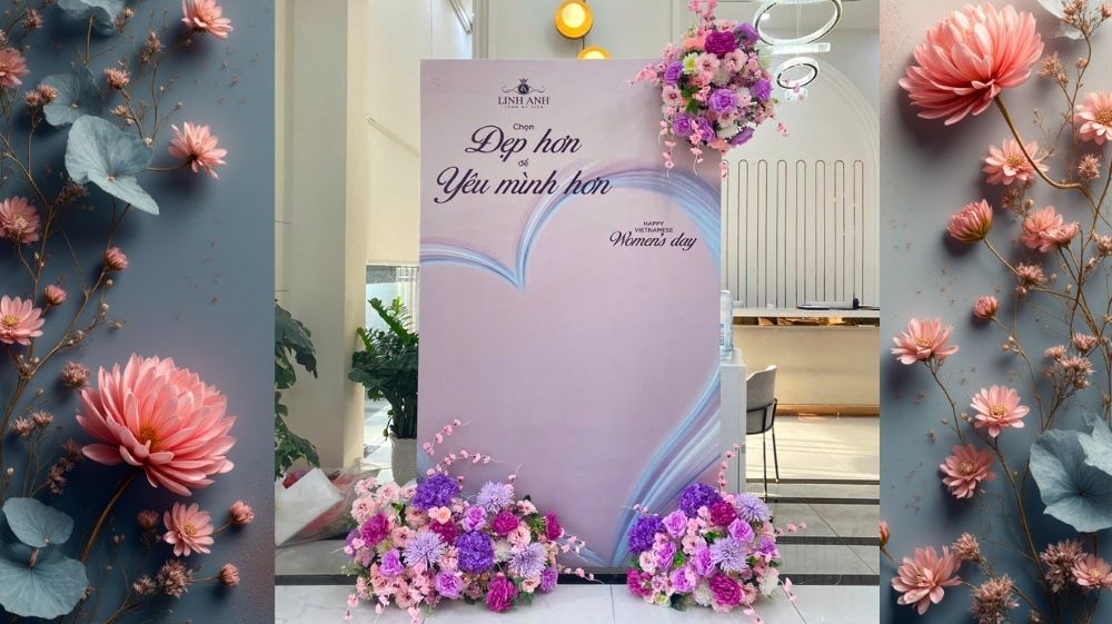 trang tri 20 10 cho tham my vien linh anh tron goi 1 Trang trí 20/10 chi nhánh Lê Hồng Phong Linh Anh - Backdrop tím pastel với hoa vải cao cấp sang trọng