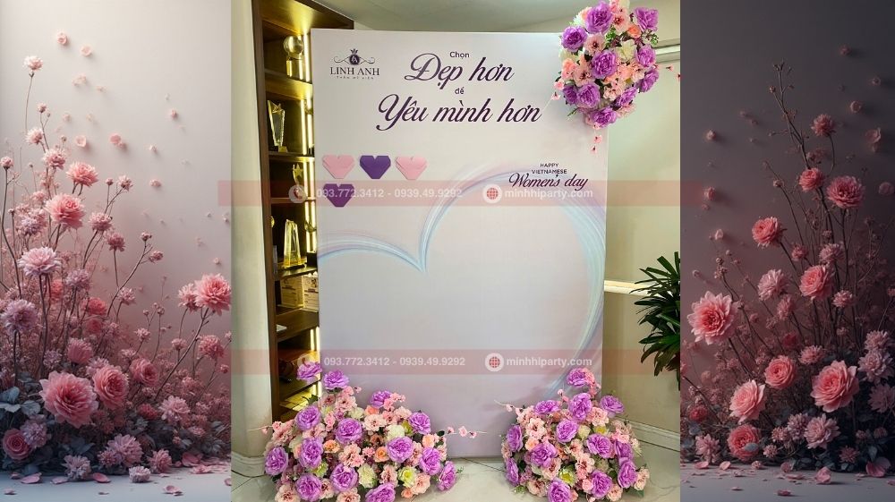 trang tri 20 10 cho tham my vien linh anh tron goi 4 Trang trí 20/10 chi nhánh Quận 7 Linh Anh - Hoa vải hồng tím và ánh sáng fairy light lung linh