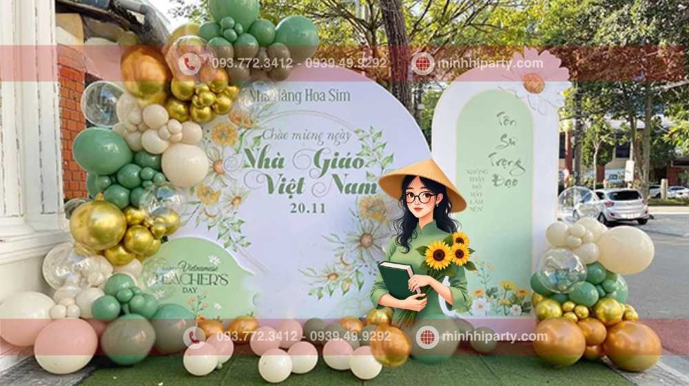 trang tri backdrop 20 11 tai nha hang hoa sim Trang trí background 20/11 với tone màu nhẹ nhàng