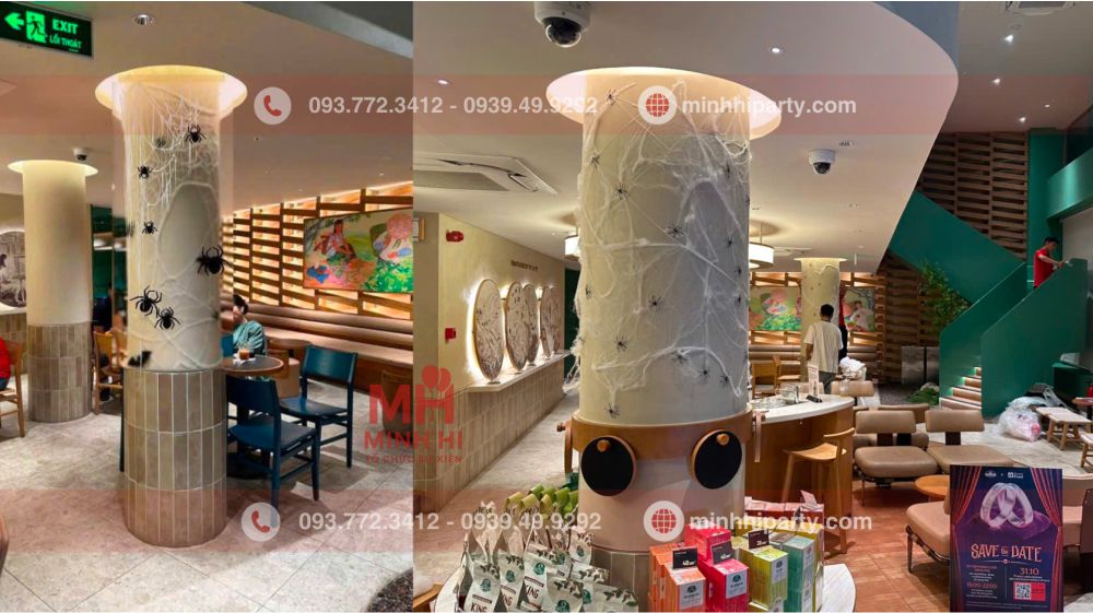 trang tri quan ca phe phuc long 9 Decor Halloween cho quán cà phê cột chính của quán