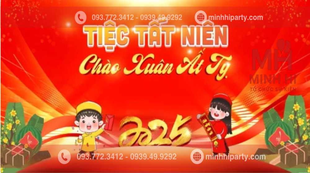 xu huong thiet ke background tiec tat nien dep 2026 minh hi party Thiết kế trang trí background tiệc tất niên theo phong cách truyền thống