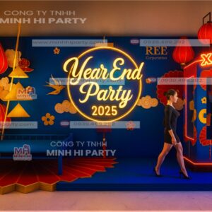 backdrop tat nien 2025 ket hop vien den led 3d noi bat Mẫu backdrop tất niên 2025 kết hợp viền đèn LED nổi bật