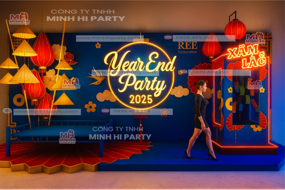 backdrop tat nien 2025 ket hop vien den led 3d noi bat Mẫu backdrop tất niên 2025 kết hợp viền đèn LED nổi bật