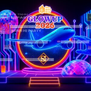 backdrop tat nien 2025 thiet ke 3d nhieu lop Backdrop tất niên 2025 được Minh Hi Party thiết kế 3D nhiều lớp