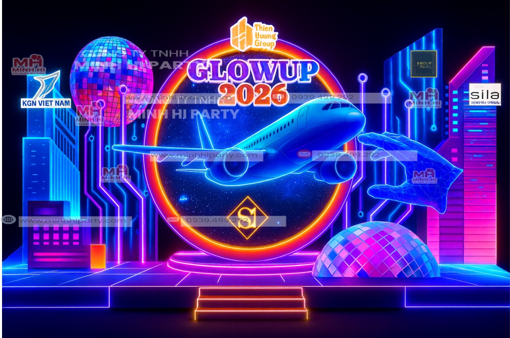 backdrop tat nien 2025 thiet ke 3d nhieu lop Backdrop tất niên 2025 được Minh Hi Party thiết kế 3D nhiều lớp