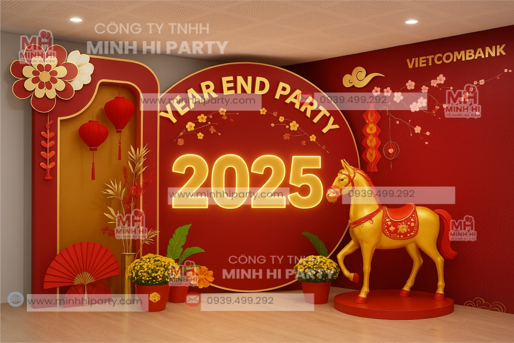 backdrop year end party 2025 kem mo hinh trang tri Backdrop year end party 2025 kèm mô hình trang trí năm Bính Ngọ