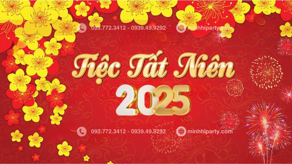 Mẫu banner tiệc tất niên chủ đề tết truyền thống hoa mai vàng