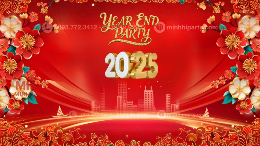 Mẫu banner year end party 2025 với tone màu đỏ nổi bật